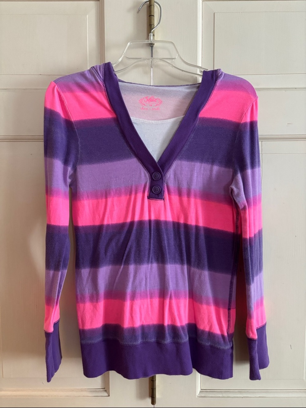 Justice Girls' Striped V‑Neck Hoodie in Hot Pink & Purple